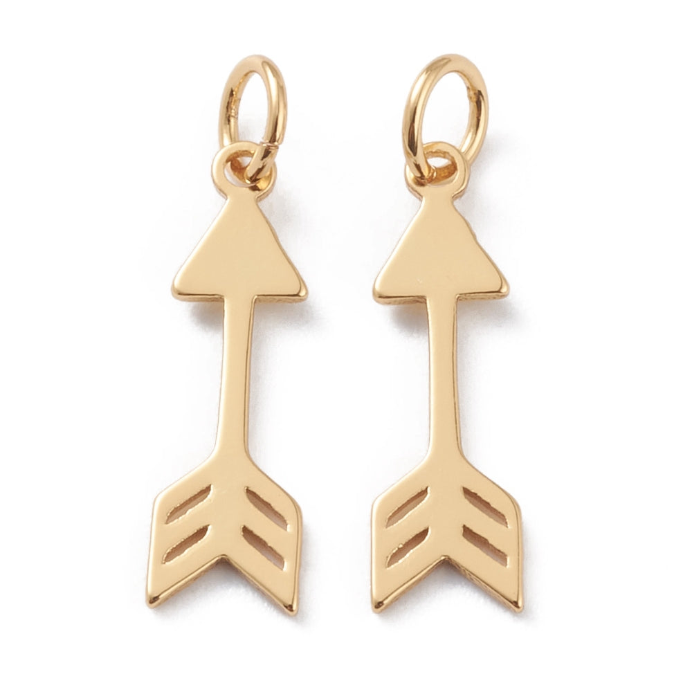 Brass Charms, with Jump Rings, Long-Lasting Plated, Arrow, Real 18K Gold Plated 2PK