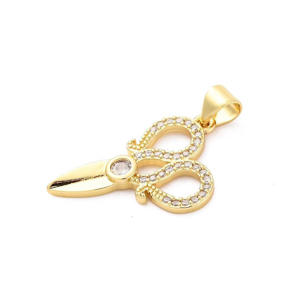 Brass Micro Pave Cubic Zirconia Pendants, Scissors Charms, Real 16K Gold Plated