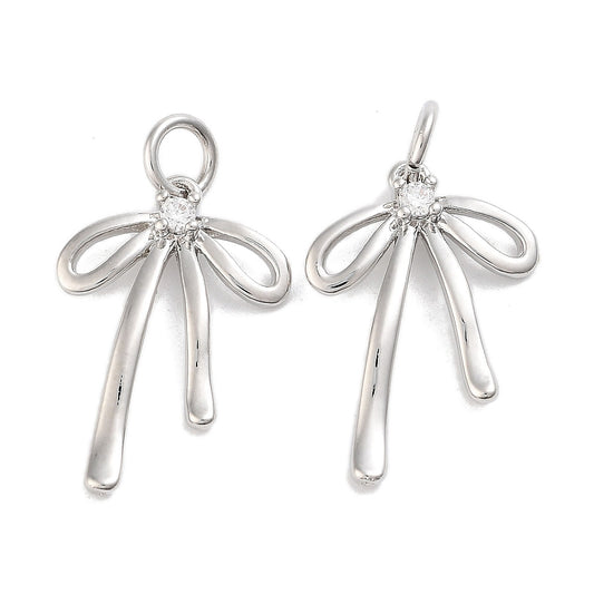 Rack Plating Brass Clear Cubic Zirconia Pendants, with Jump Ring, Long-Lasting Plated, Lead Free;  Cadmium Free, Bowknot, Platinum; Gold Color