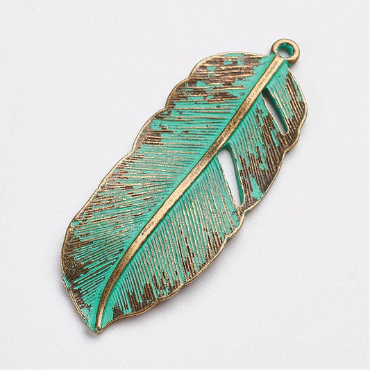 Tibetan Style Alloy Pendants, Feather, Antique Bronze & Green Patina