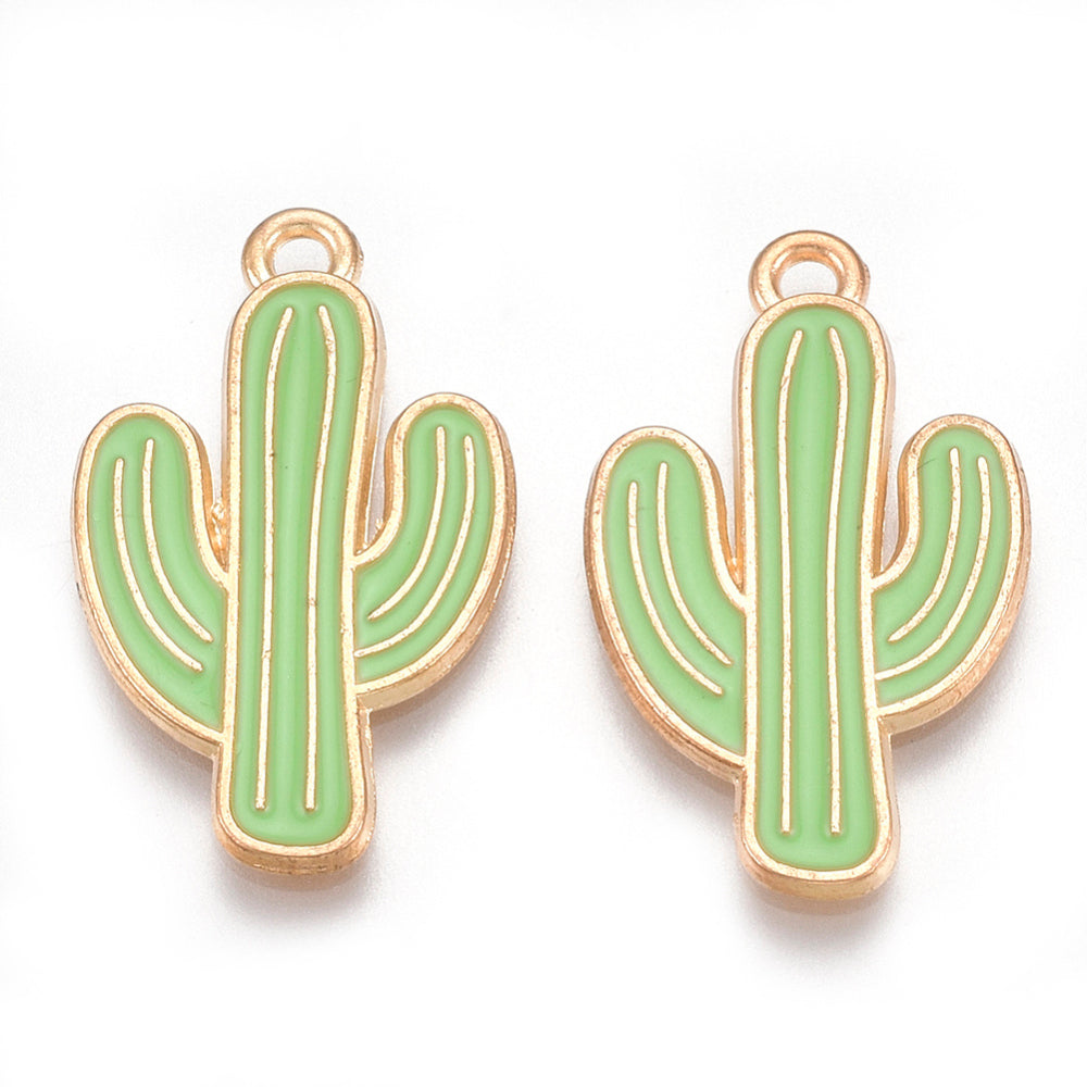 Alloy Pendants, Cadmium Free & Lead Free, with Enamel, Cactus, Light Gold, Light Green 2PK