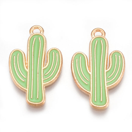 Alloy Pendants, Cadmium Free & Lead Free, with Enamel, Cactus, Light Gold, Light Green 2PK