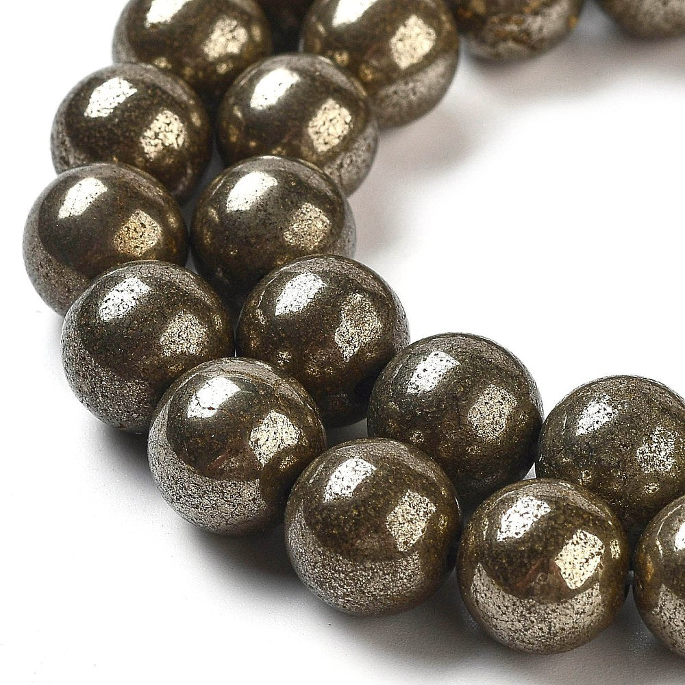 Natural Pyrite Round Beads Strands, Grade A 10mm