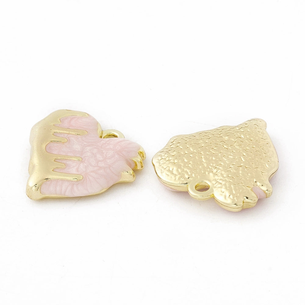 Alloy Enamel Pendants, Light Gold, Melting Heart Charm, Pink 4 Pack
