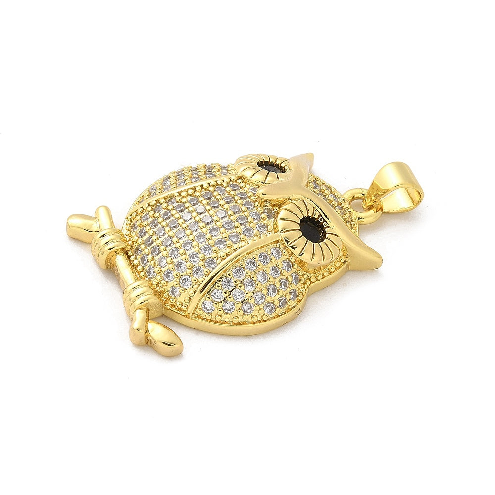 Brass Micro Pave Cubic Zirconia Pendants, Rack Plating, Long-Lasting Plated, Lead Free; Cadmium Free, Owl