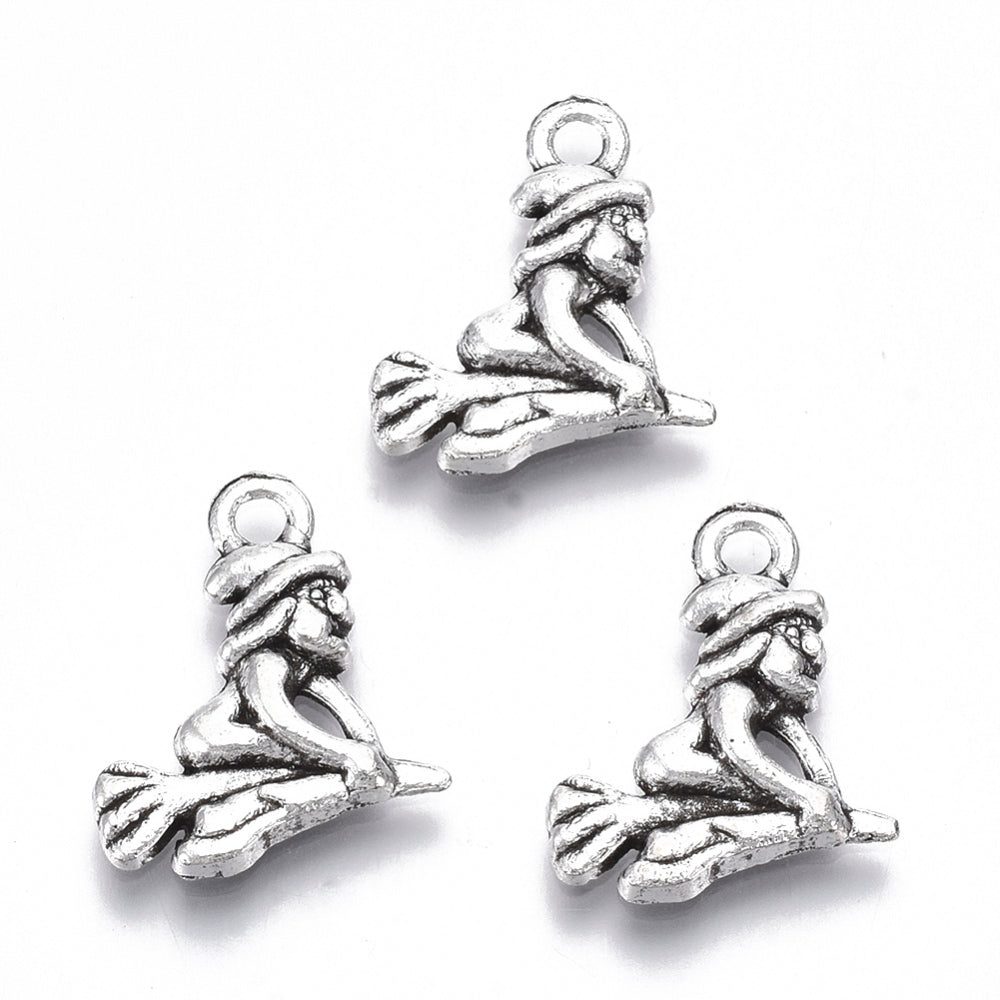 Tibetan Style Alloy Charms, Lead Free & Cadmium Free, Halloween Witch, Antique Silver 4 Pack