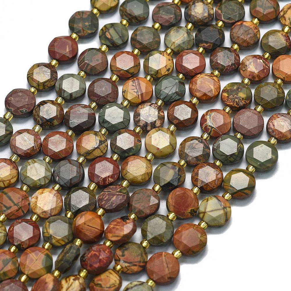 Picasso Jasper / Polychrome Jasper Beads – Faceted Hexagonal Flat Round 10–10.5x6mm (31–32pcs/Strand) The Pink Bead Shop