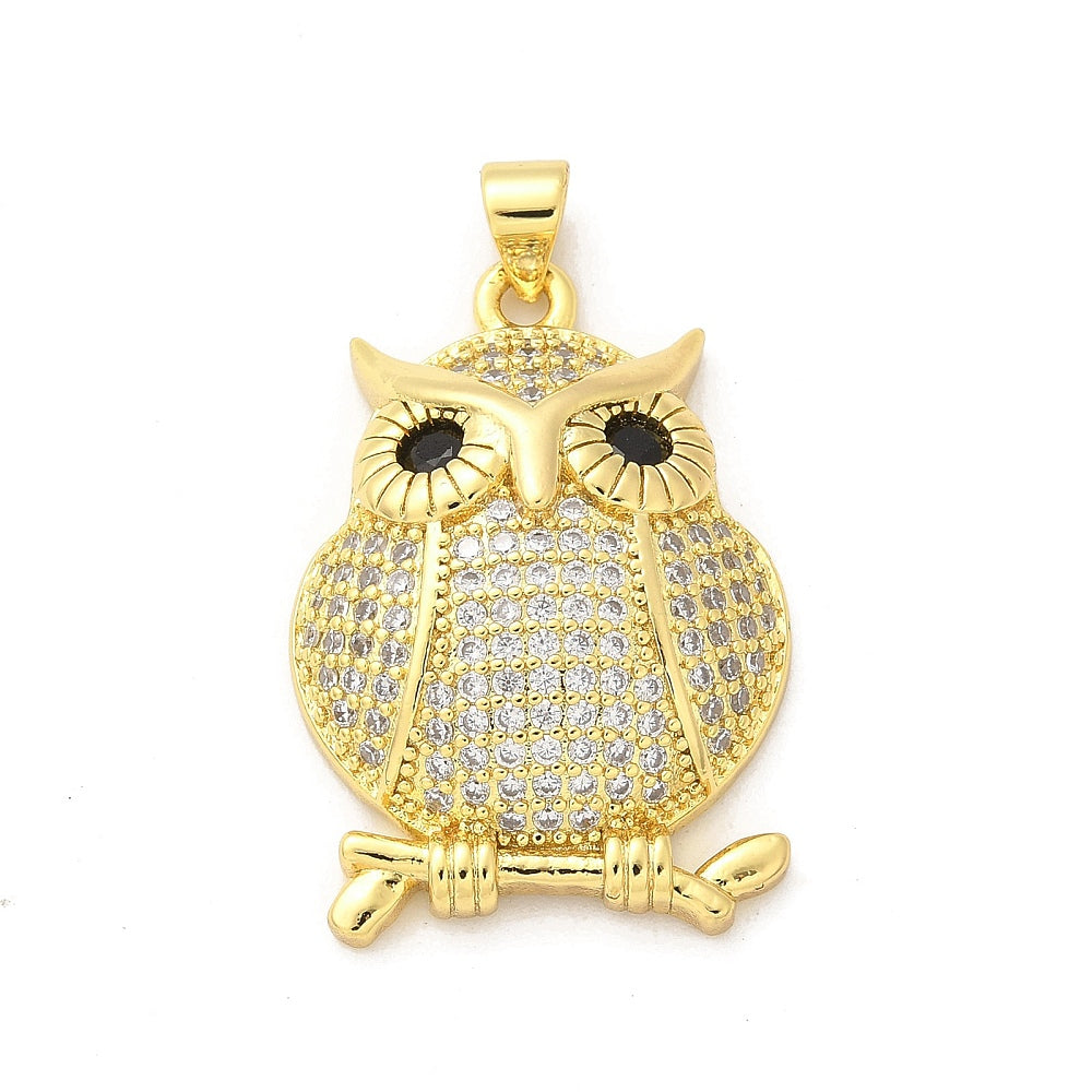 Brass Micro Pave Cubic Zirconia Pendants, Rack Plating, Long-Lasting Plated, Lead Free; Cadmium Free, Owl
