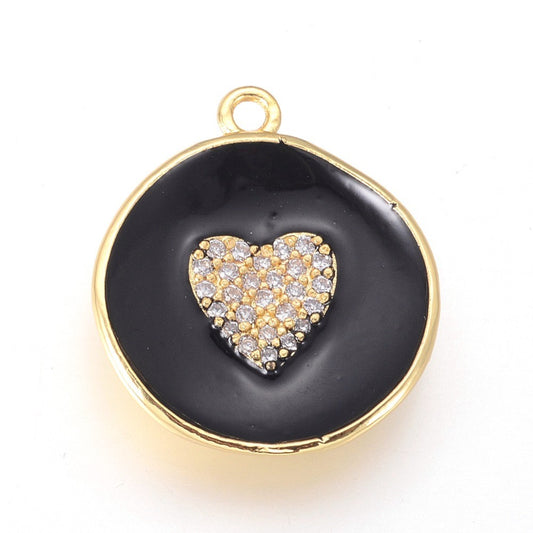 Golden Plated Brass Micro Pave Cubic Zirconia Pendants, with Enamel, Long-Lasting Plated, Flat Round with Heart