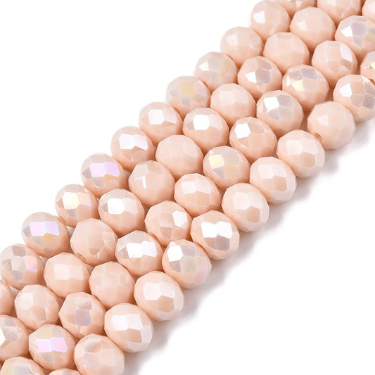 Electroplate Glass Beads Strands, Opaque Solid Color, AB Color Plated, Faceted, Rondelle, Antique White 8mm