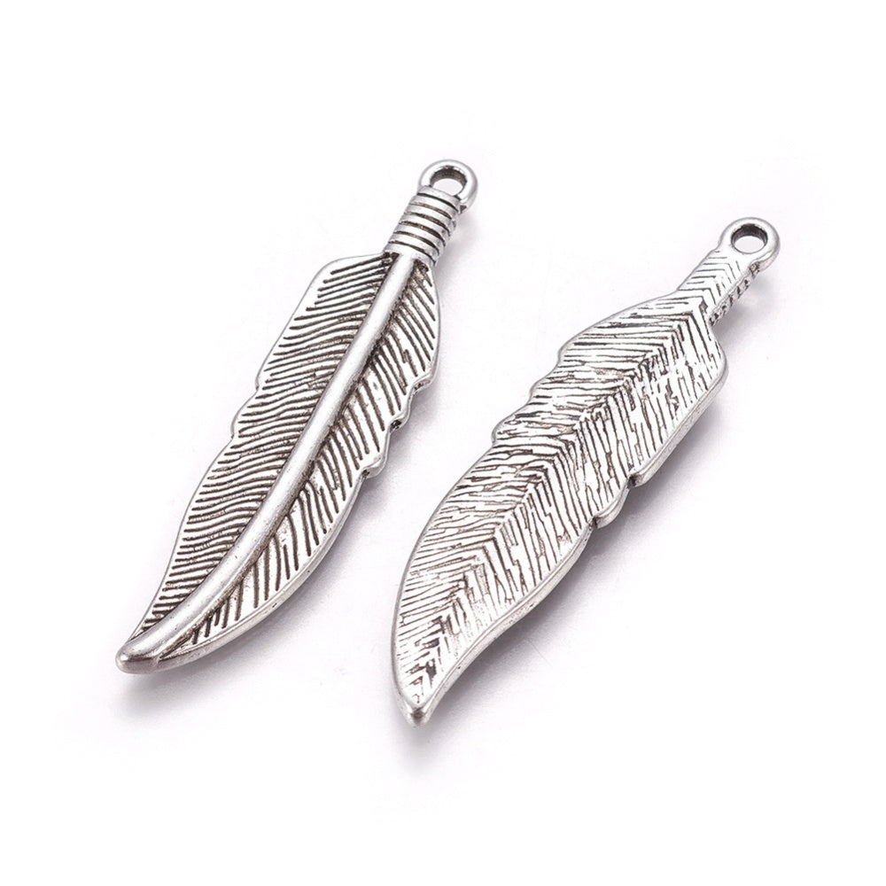 Tibetan Style Alloy Charms, Lead Free; Cadmium Free, Feather, Antique 2 Pack