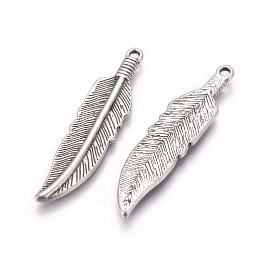 Tibetan Style Alloy Charms, Lead Free; Cadmium Free, Feather, Antique  2 Pack
