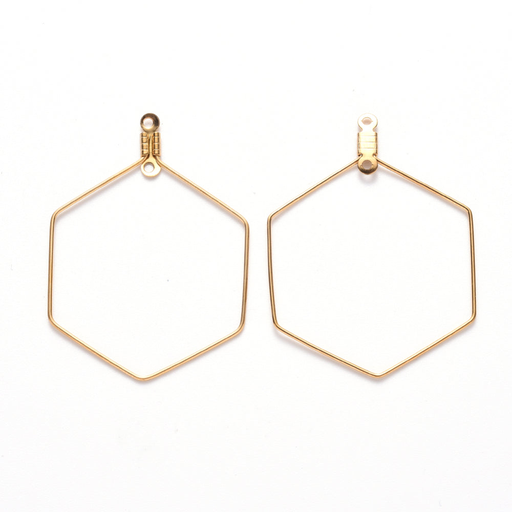 Vacuum Plating 304 Stainless Steel 18K GOLD PLATED Wire Pendants, Hoop Earring Findings, Hexagon, GOLDEN 1 PAIR