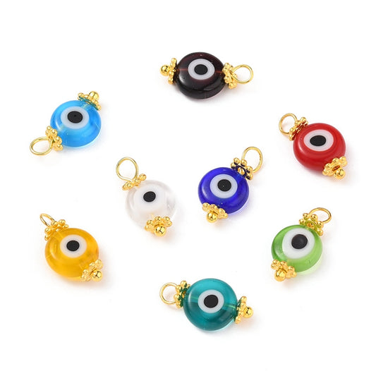 Handmade Evil Eye Lampwork charms, Flat Round, Mixed Color Pack Of 5