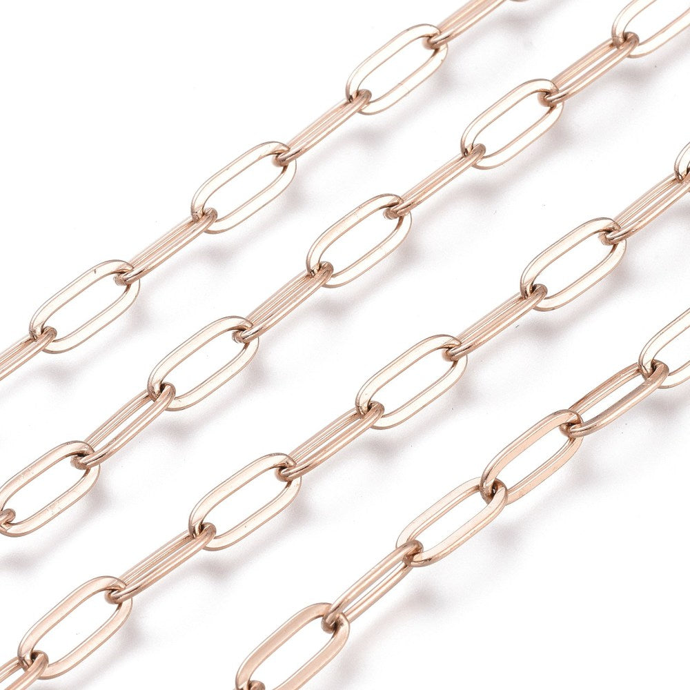 Ion Plating(IP) 304 Stainless Steel Cable Chains, Paperclip Chains, Drawn Elongated Cable Chains, Soldered, with Spool, Rose Gold SOLD BY THE METER