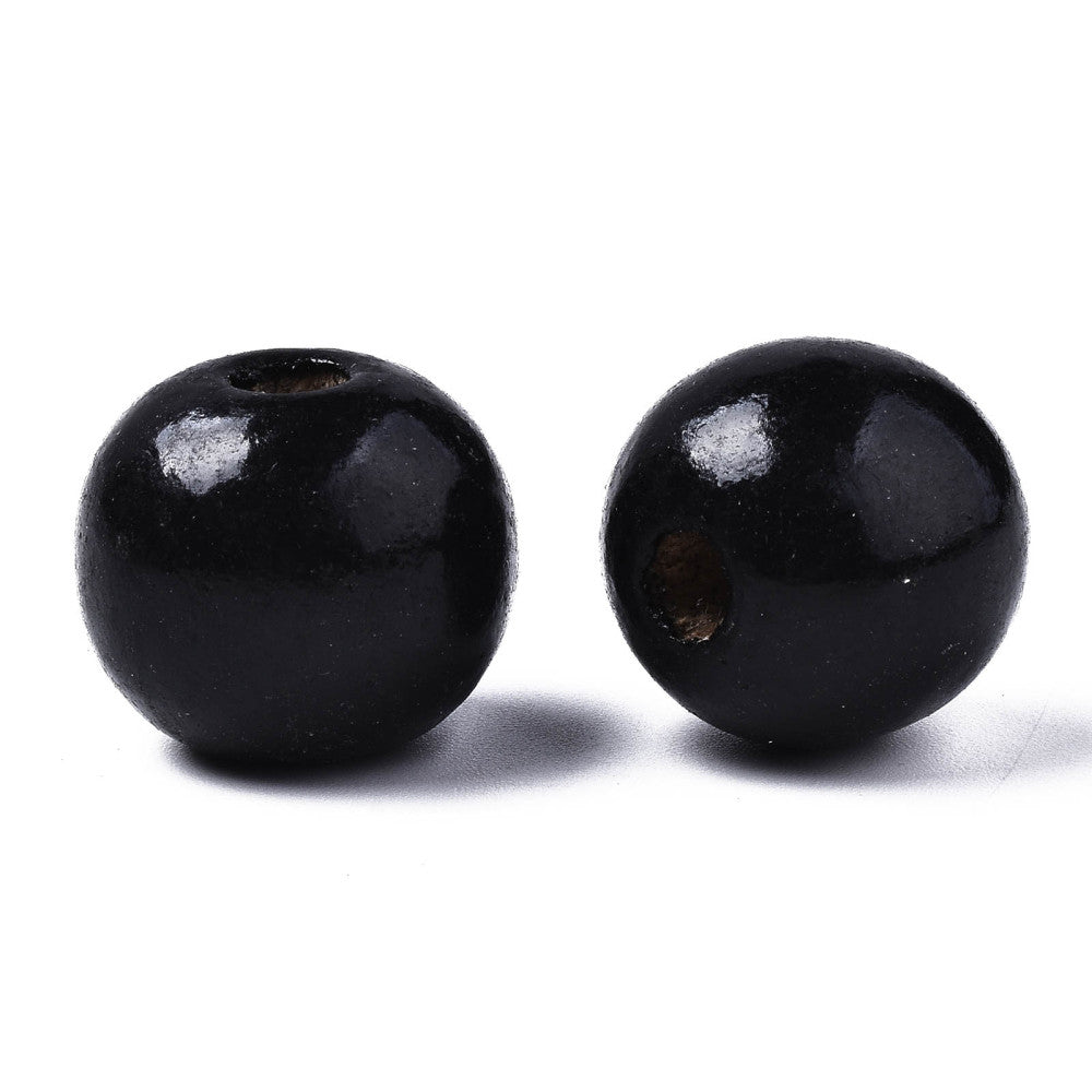 Spray Painted Natural Wood Beads, Macrame Beads Large Hole, Lead Free, Round, Black