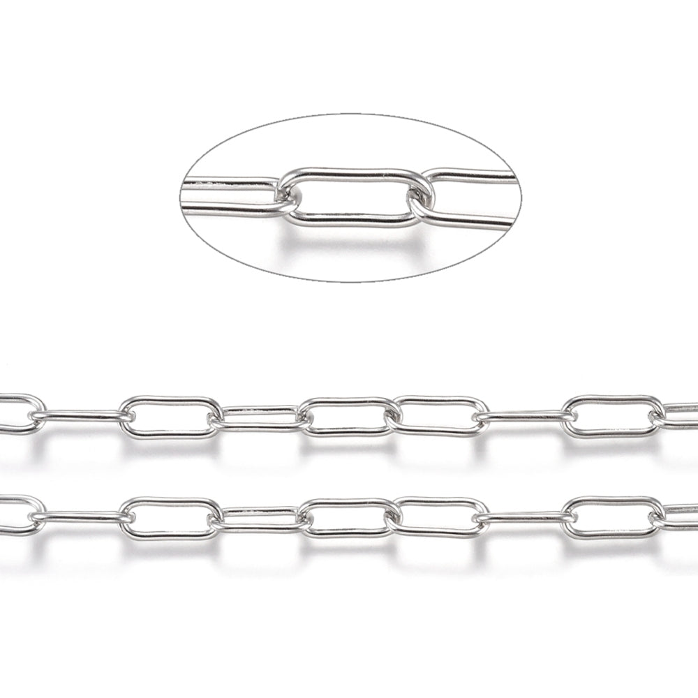 Tarnish Resistant 304 Stainless Steel Paperclip Chains, Drawn Elongated Cable Chains, with Spool, Unwelded, Stainless Steel Color SOLD BY THE METER