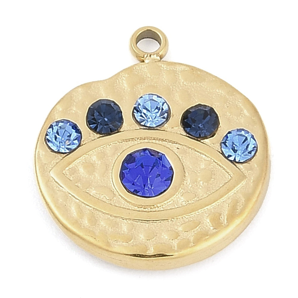 304 Stainless Steel Rhinestone Pendants, Flat Round with Eye Charm, Real 14K Gold Plated