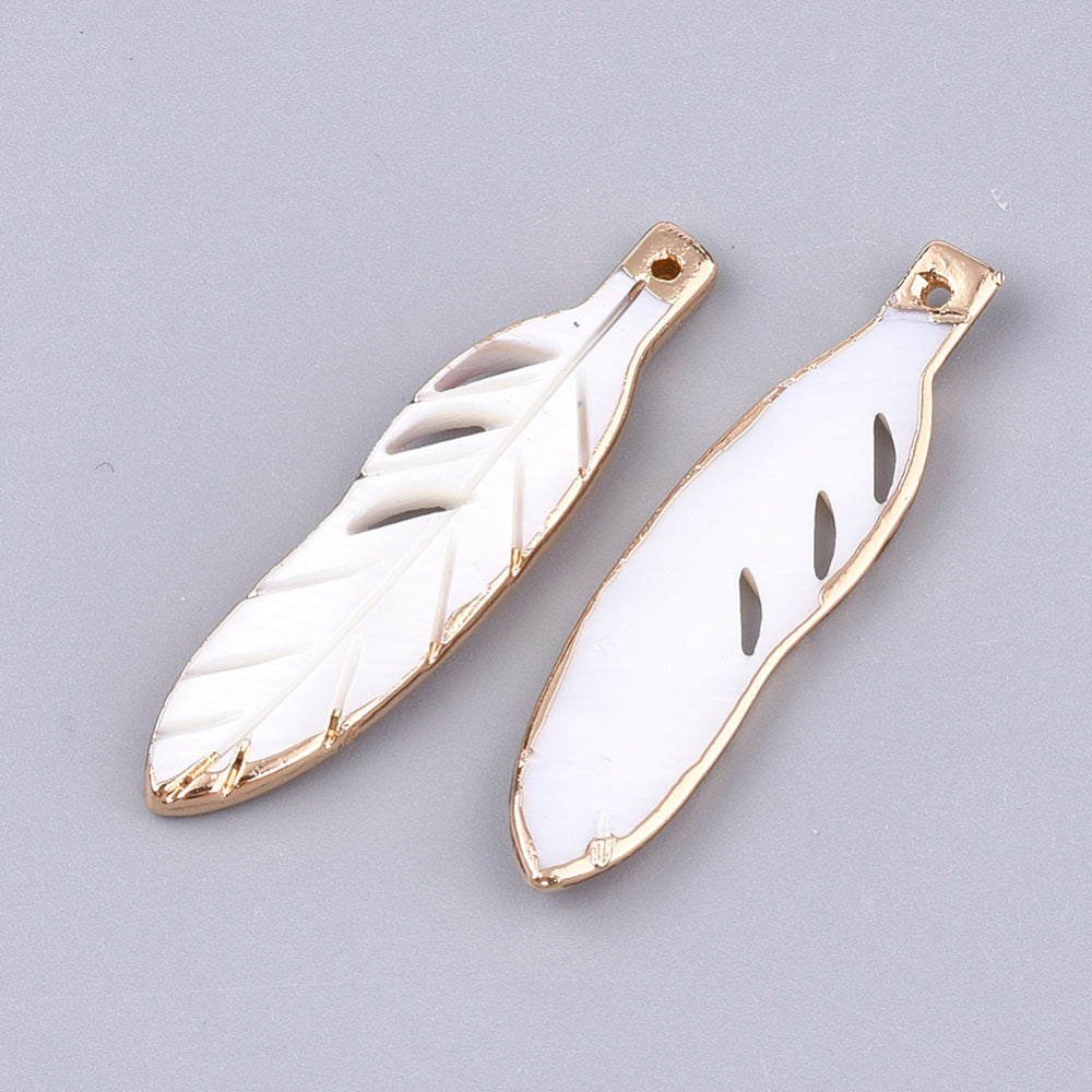 Electroplate Freshwater Shell Pendants, Feather, Light Gold