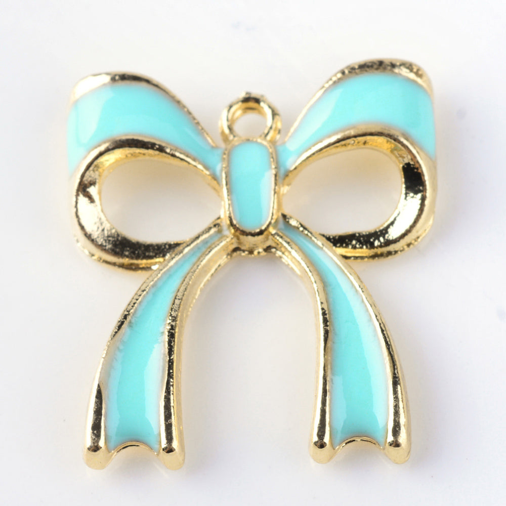 Bowknot Alloy Enamel Pendants, Pink, White and Aqua 5Pk