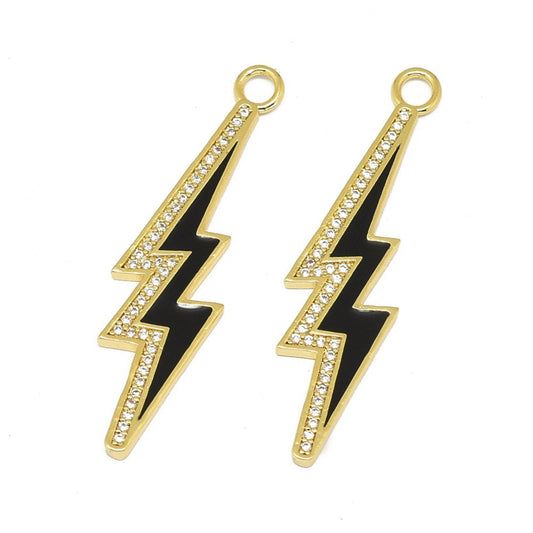 Alloy Micro Pave Cubic Zirconia Pendants, with Enamel, Long-Lasting Plated, Lightning Bolt, Black, Golden 2 pack