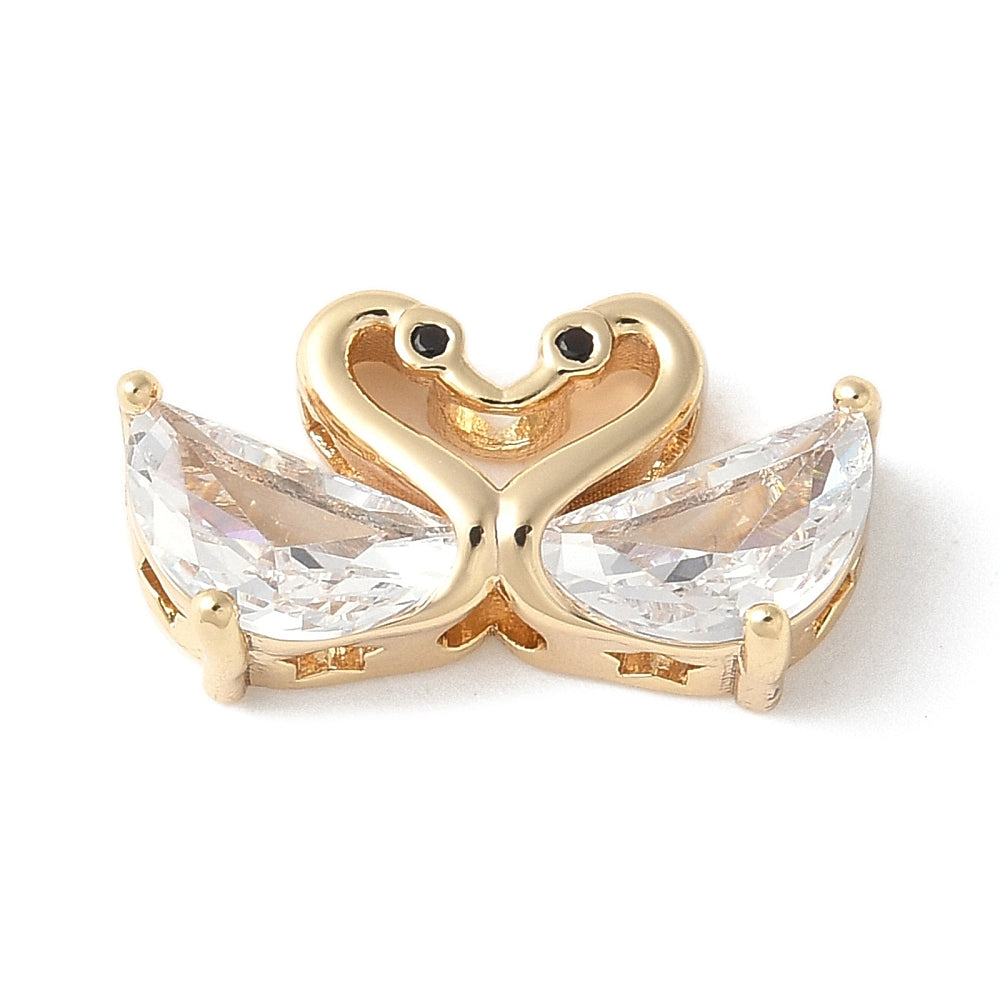 Brass Micro Pave Cubic Zirconia Beads, Double Swan, 925 Sterling Silver Plated and 18K Gold Plated