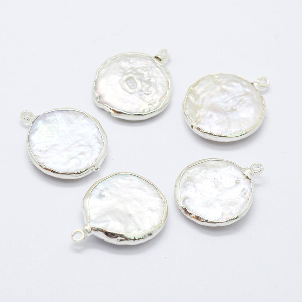 Natural Cultured Freshwater Pearl Pendants, with Brass Findings, Flat Round, Gold & Silver