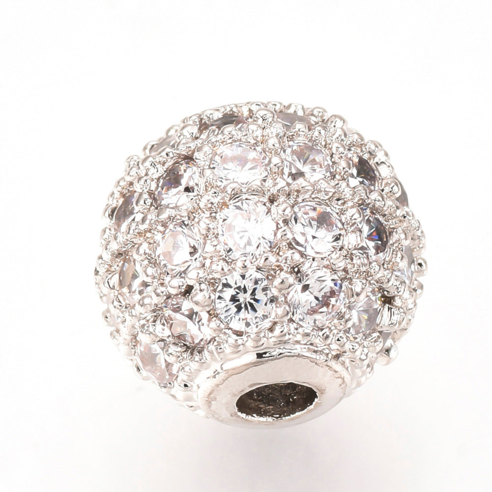 Brass Micro Pave Cubic Zirconia Beads, Round, Clear, Platinum 2 Pk