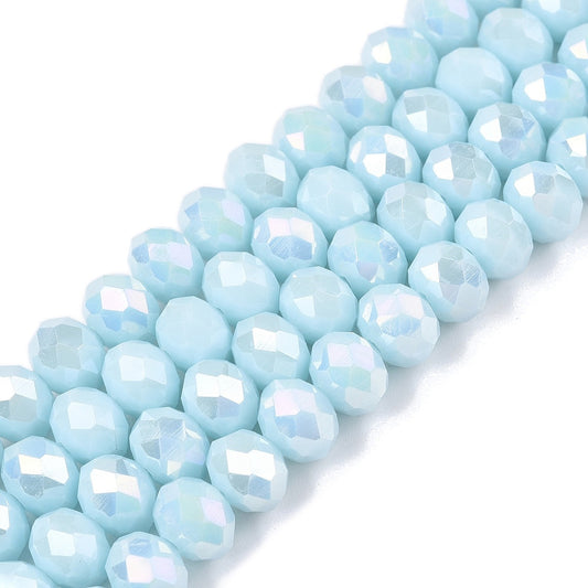 Electroplate Glass Beads Strands, Opaque Solid Color, AB Color Plated, Faceted, Rondelle, Light Sky Blue 8mm