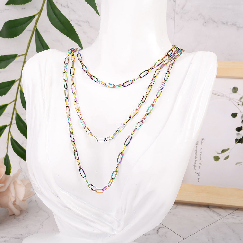 PVD Vacuum Plating 304 Stainless Steel Cable Chains, Paperclip Chains, Drawn Elongated Cable Chains, Soldered, with Spool, Rainbow Color Sold By the Meter