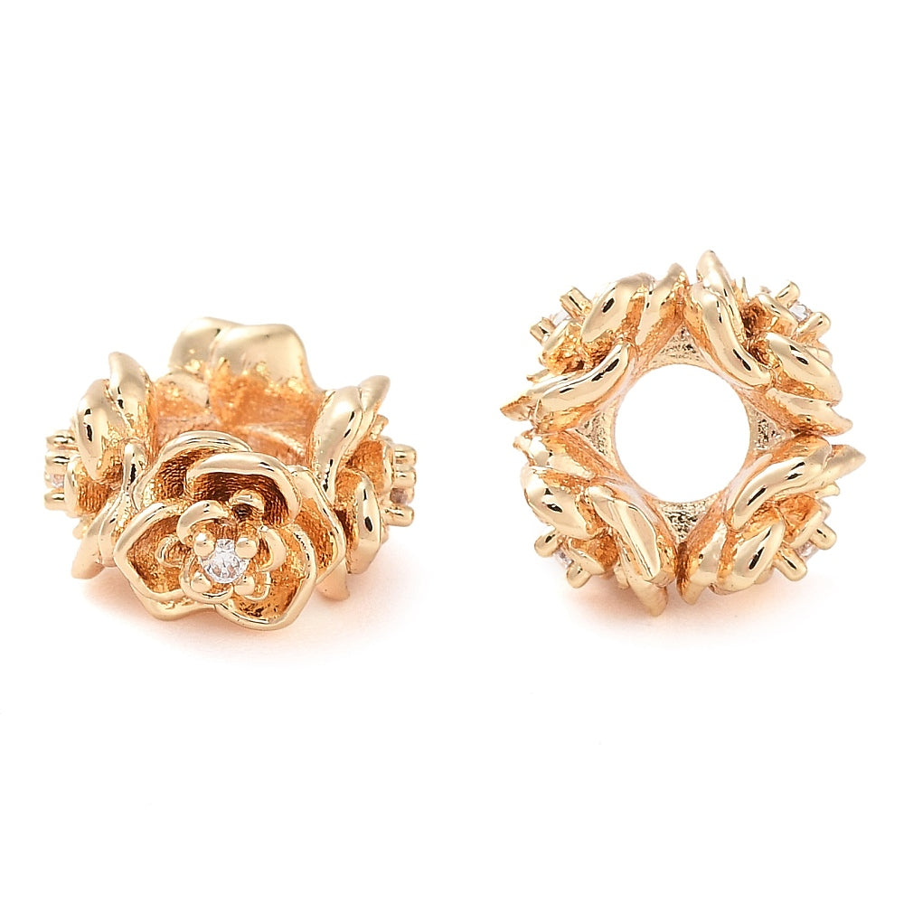 Brass Micro Pave Rose Cubic Zirconia Beads Platinum and 18k Gold Plated 3 Pack