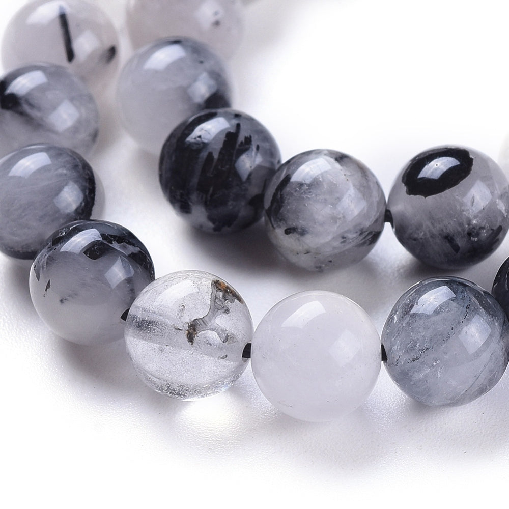 Tourmalinated Quartz (Black Rutilated Quartz) Gemstone Beads – Round 8–8.5mm | The Pink Bead Shop Canada
