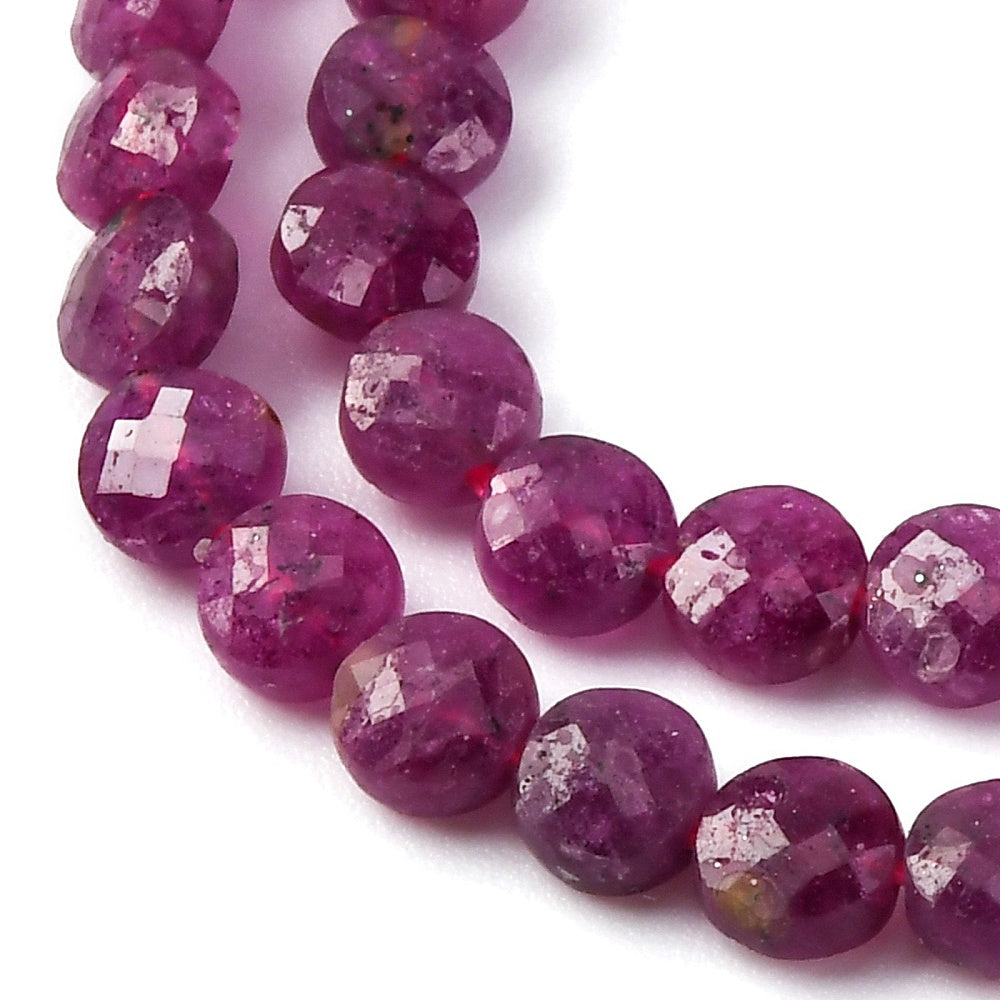 Natural Ruby Beads Strands, Faceted, Flat Round, 4mm