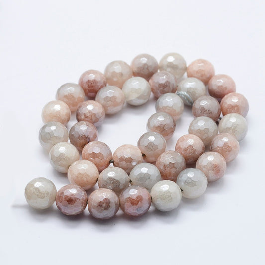 Electroplated Natural Sunstone Gemstone Beads Strands, Round, Faceted 6mm