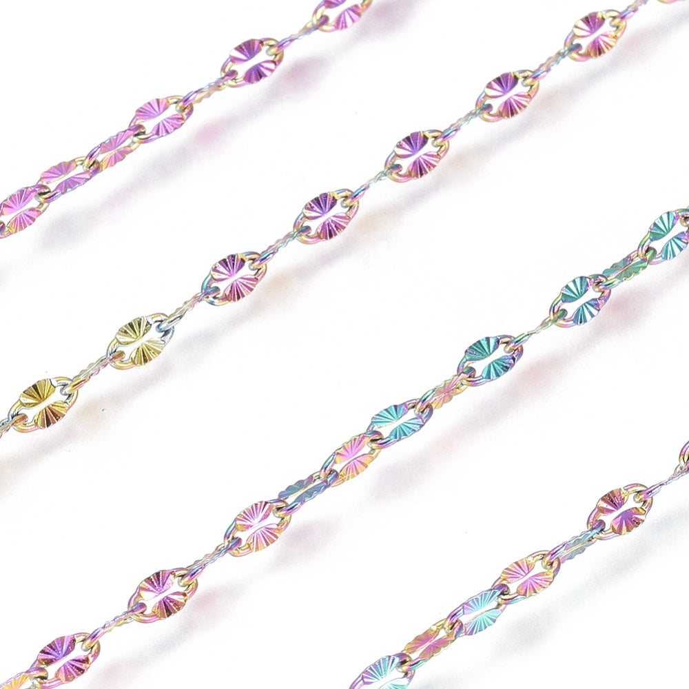 Ion Plating(IP) 304 Stainless Steel Textured Dapped Chains, Cable Chains, Soldered, Flat Oval, Rainbow Color SOLD BY THE METER