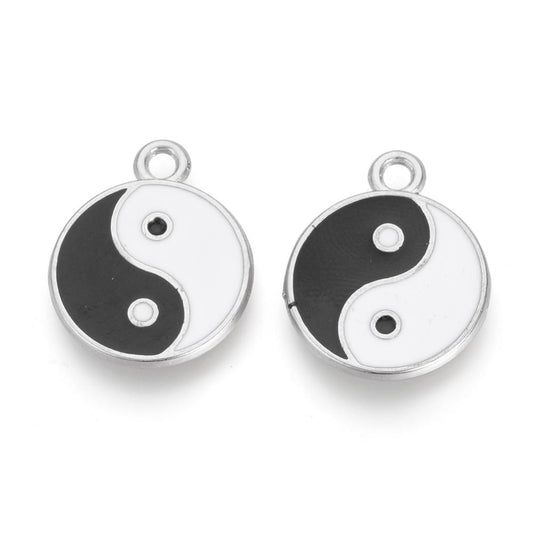 Alloy Enamel Pendants, Flat Round with YinYang