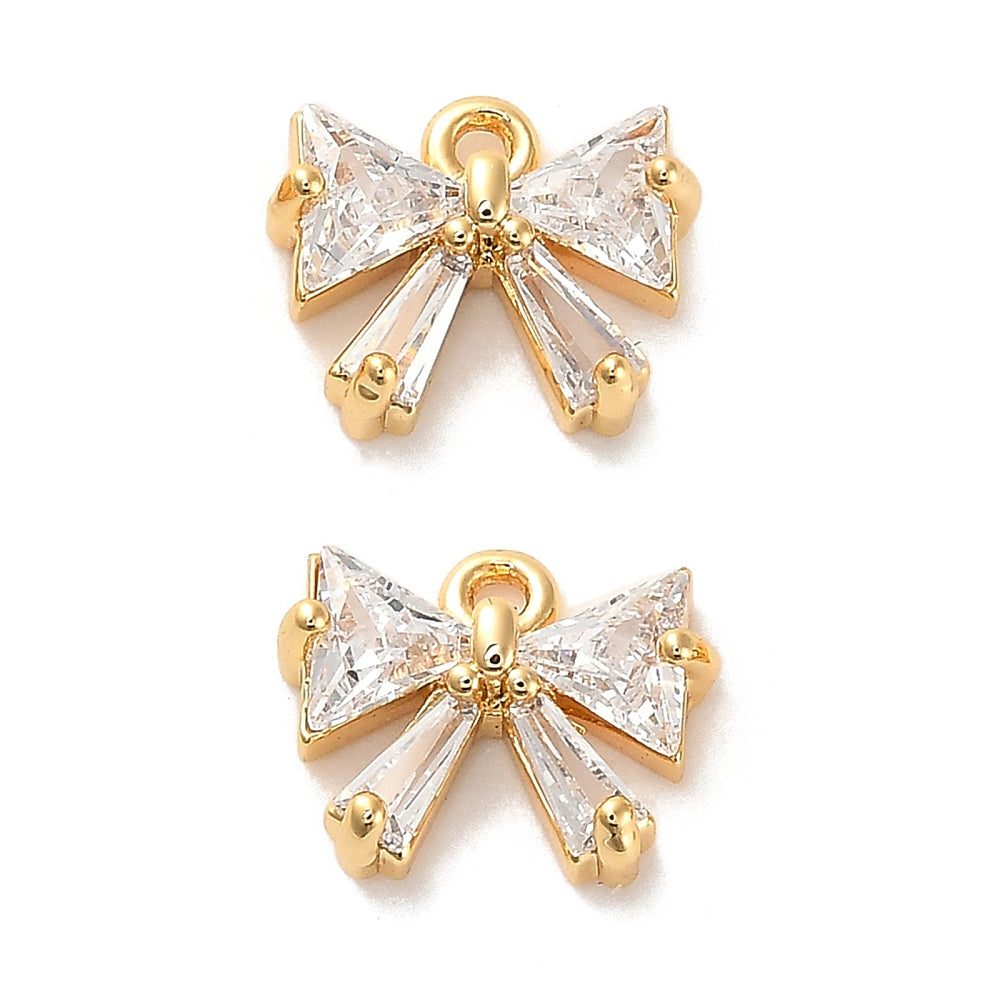 Brass Cubic Zirconia Charms, Bowknot, Real 18K Gold Plated 2Pk