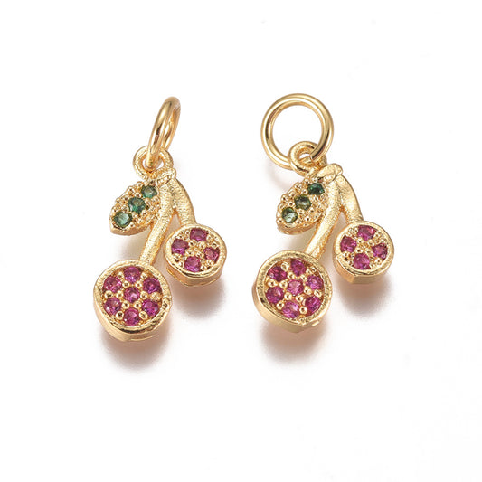 Brass Micro Pave Cubic Zirconia Charms, with Jump Rings, Cherry, Magenta & Green, Platinum; Golden