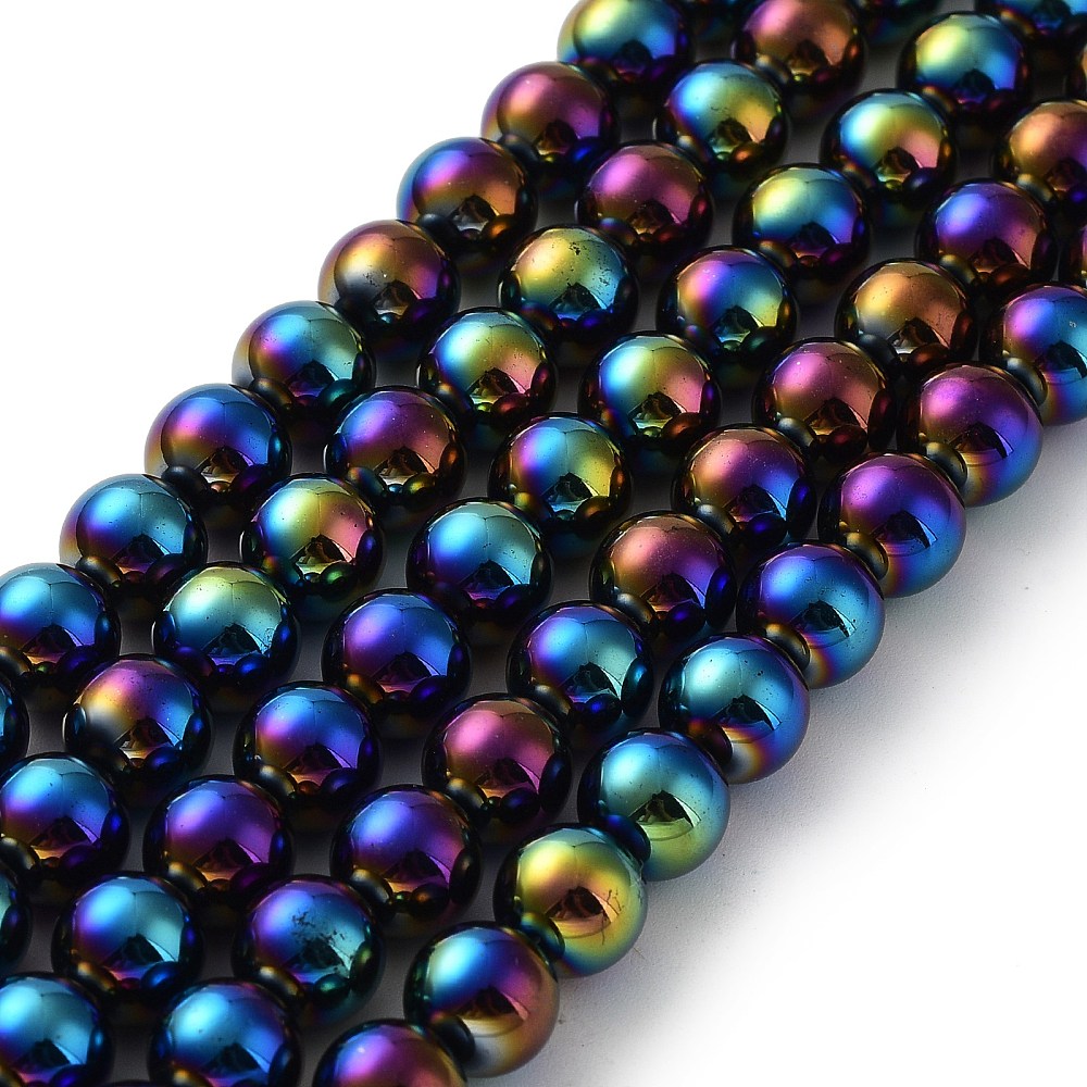 Electroplated Natural Black Agate Beads Strands, Round, Rainbow Plated 8mm