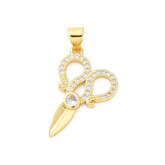 Brass Micro Pave Cubic Zirconia Pendants, Scissors Charms, Real 16K Gold Plated