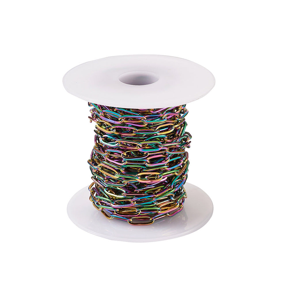 PVD Vacuum Plating 304 Stainless Steel Cable Chains, Paperclip Chains, Drawn Elongated Cable Chains, Soldered, with Spool, Rainbow Color Sold By the Meter