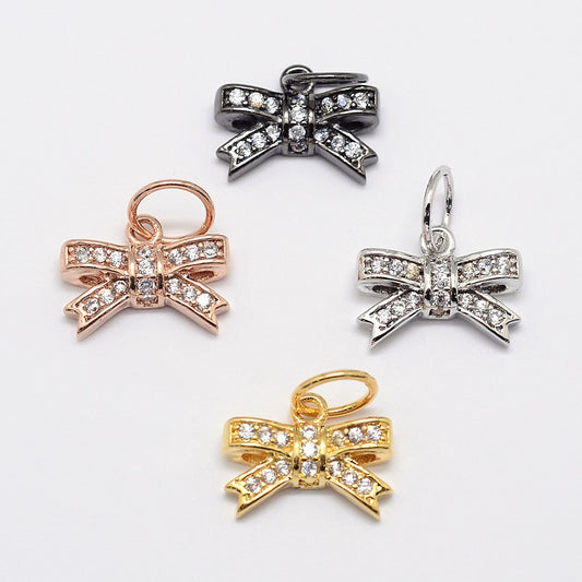 CZ Brass Micro Pave Cubic Zirconia Bowknot Bow Charms, Mixed Color