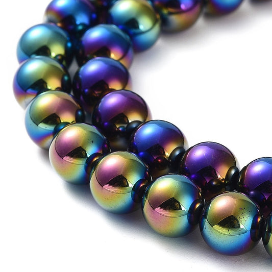 Electroplated Natural Black Agate Beads Strands, Round, Rainbow Plated 8mm