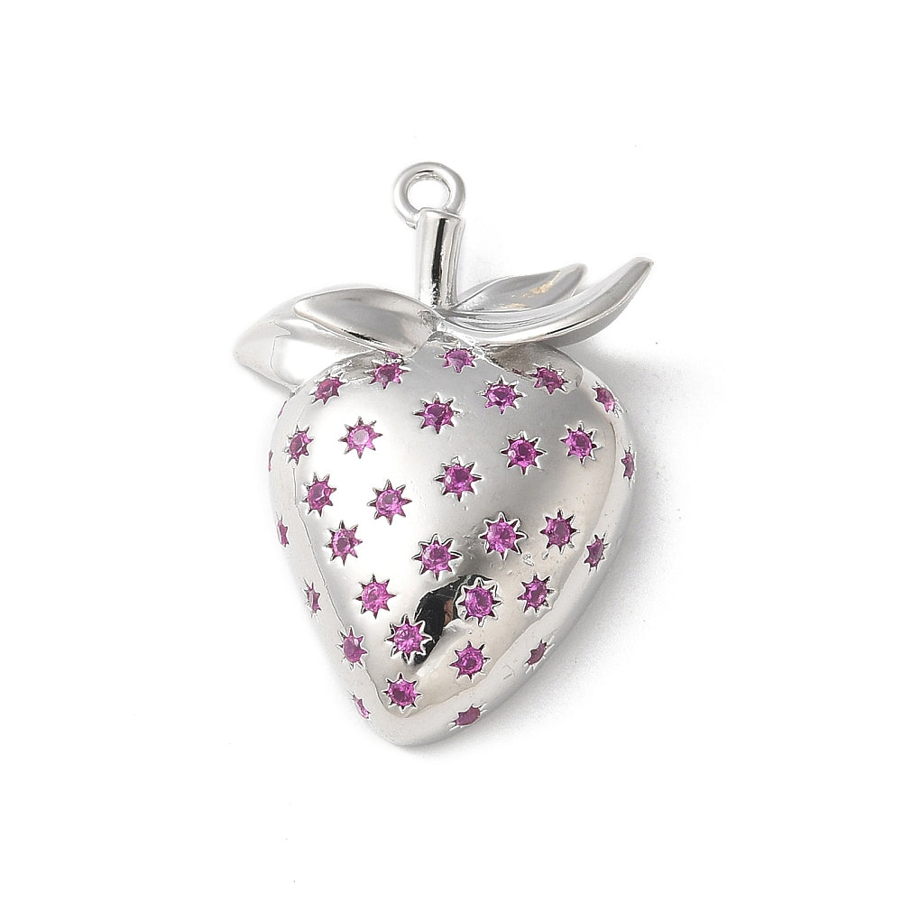 Brass Micro Pave Cubic Zirconia Pendants, Strawberry Charms 18k Gold Plated & Platinum Plated
