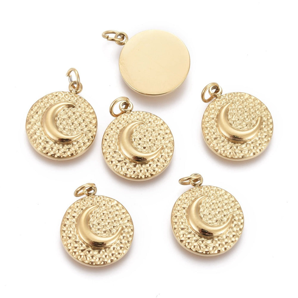 Flat Round Moon Charm Golden Stainless Steel 2 Pack