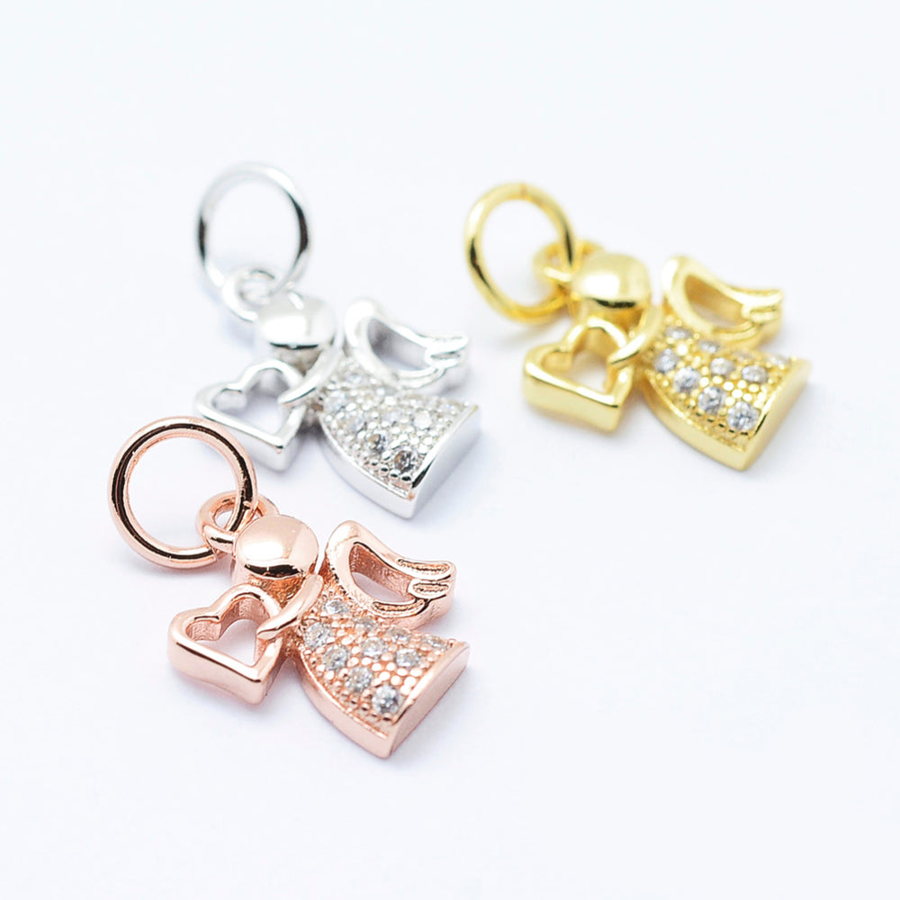 Brass Micro Pave Cubic Zirconia Angel Charms – Silver, Gold or Rose Gold (Pack of 1)