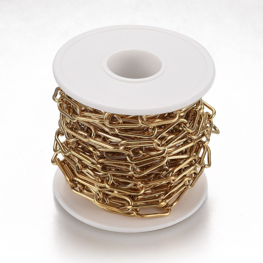 Ion Plating(IP) 304 Stainless Steel Paperclip Chains, Drawn Elongated Cable Chains, with Spool, Unwelded, Golden Sold by the Meter