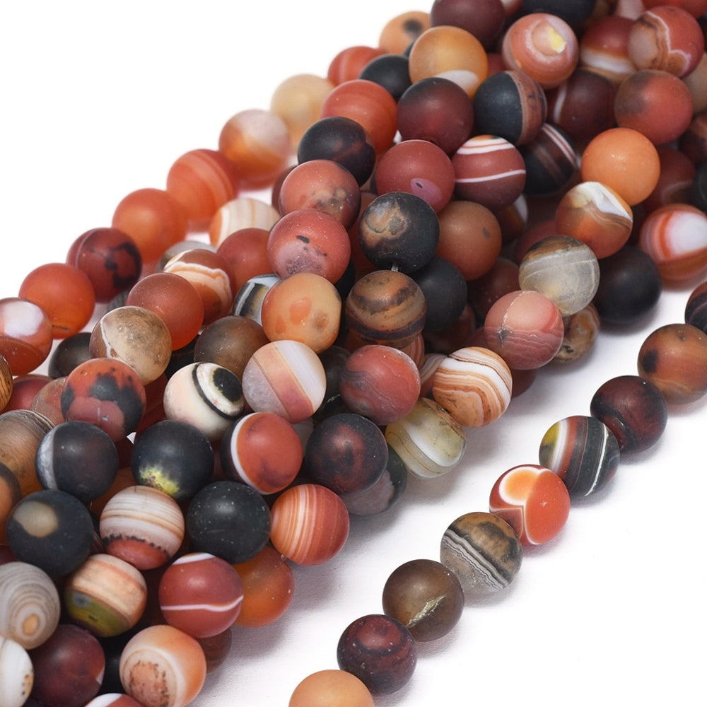 Natural Banded / Striped Agate Beads Orange Brown Frosted, Dyed & Heated 8–8.5mm Round The Pink Bead Shop