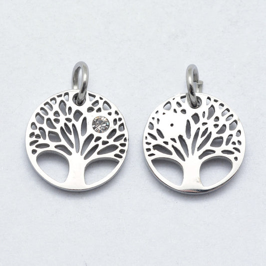 316 Surgical Stainless Steel Pendants, with Cubic Zirconia, Flat Round with Tree,