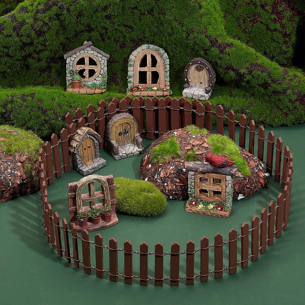 Gorgecraft Resin Dollhouse Building Accessories, including Imitation Wood Door, Window ; Garden Fence, for Micro Landscape Decoration, Mixed Color